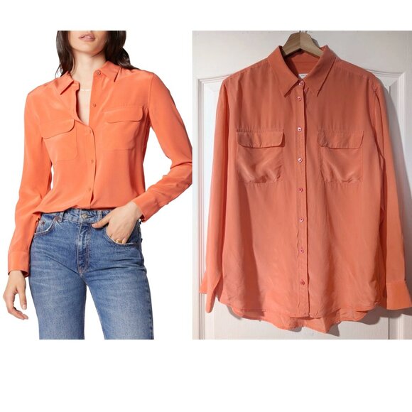 Equipment | Signature Slim Fit Silk Button-Up Shirt In Living Coral - Picture 1 of 14